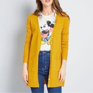 ModCloth Button Up Cardigan Mother of Pearl Buttons Pockets Mustard Yellow Large